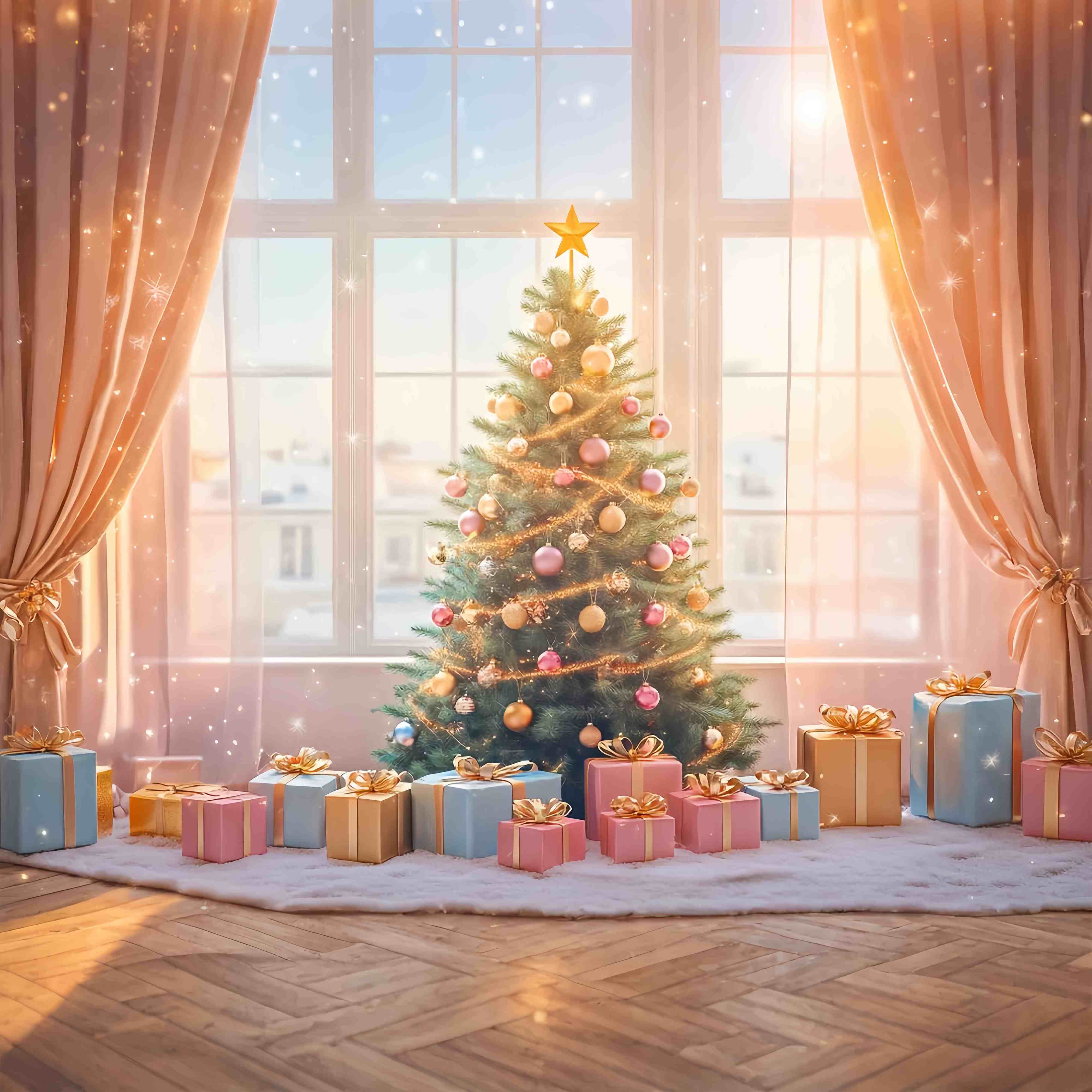 Toile de fond Noël Sapin Cadeaux Éclats Dorés LXX58-75