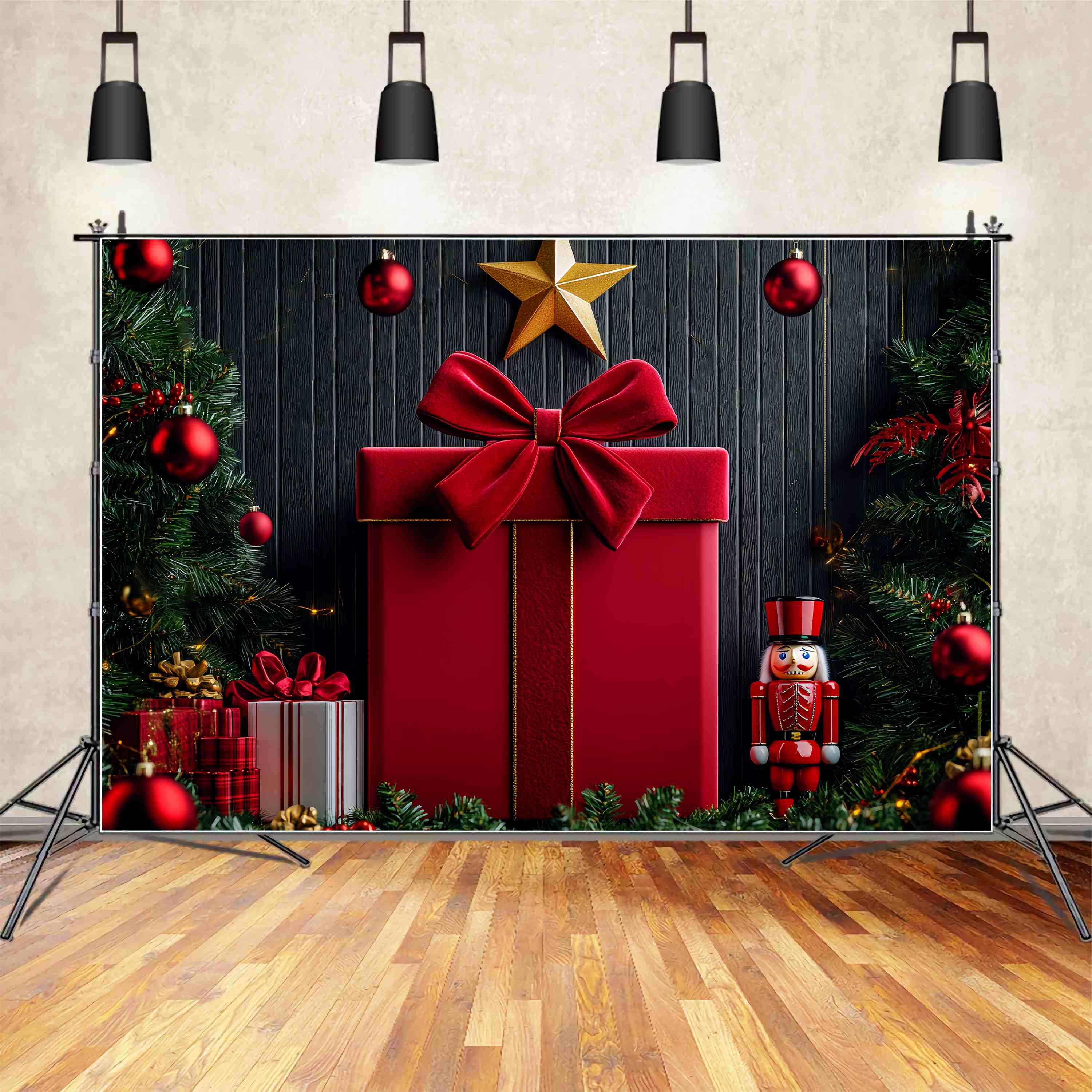 Toile de fond de Noël Mur Casse-Noisette et Noeud Rouge Velours LXX58-76