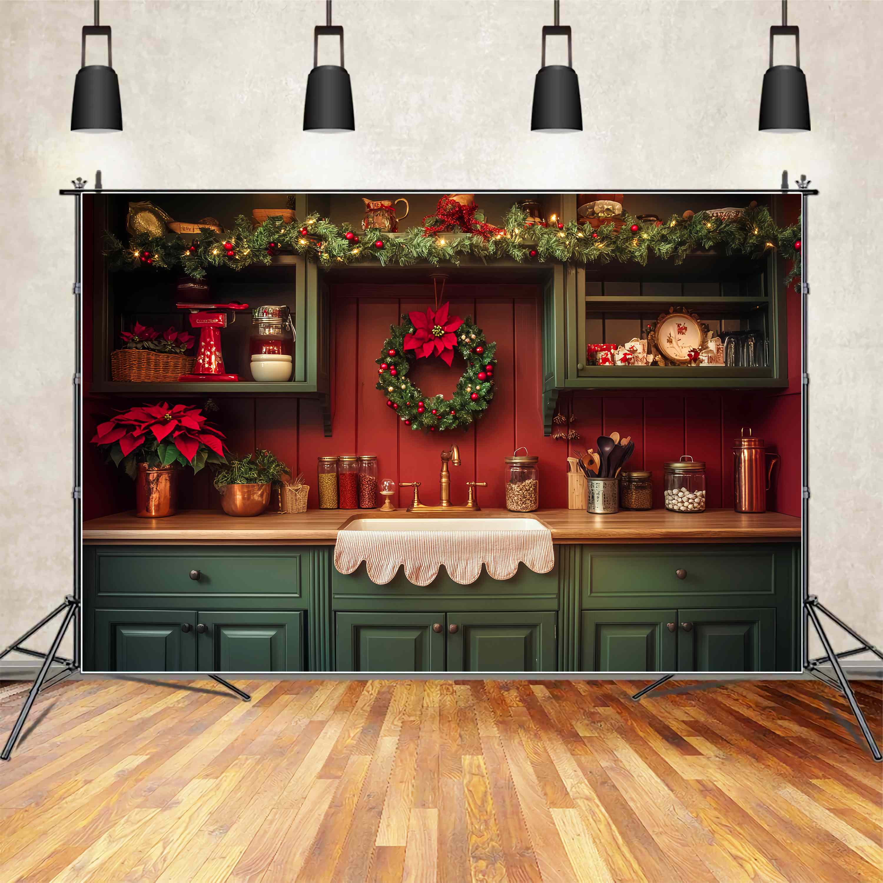 Toile de fond Noël Cuisine Guirlande et Couronne Campagnarde LXX58-78