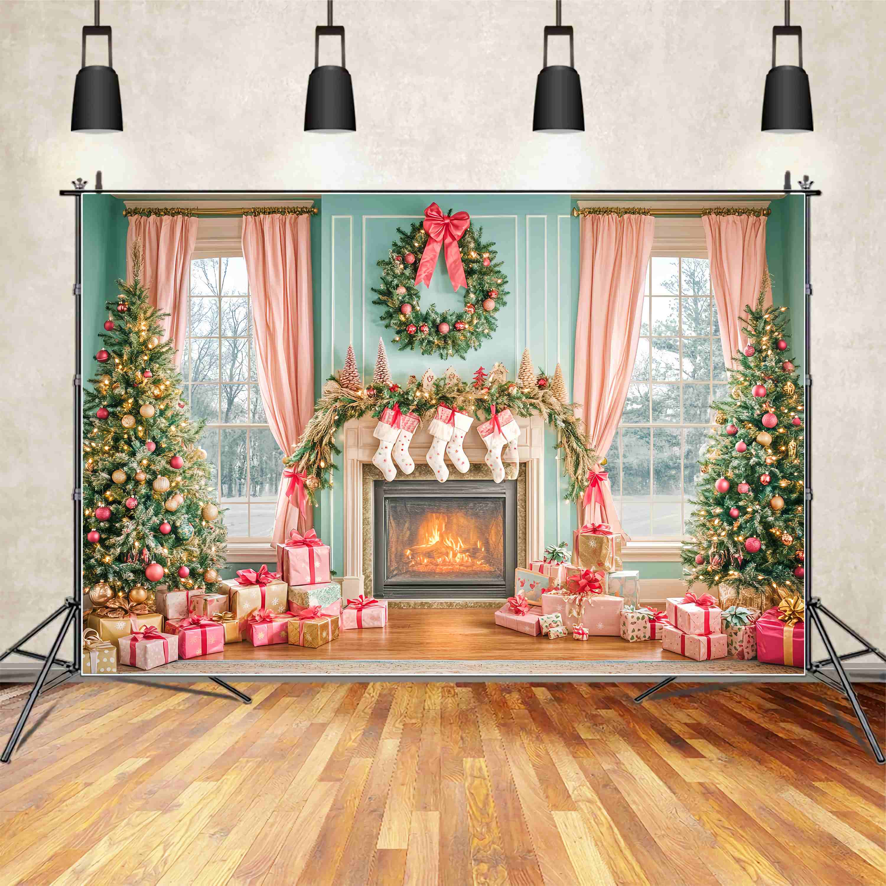 Toile de fond de Noël Cheminée Rose et Matin de Noël LXX58-83