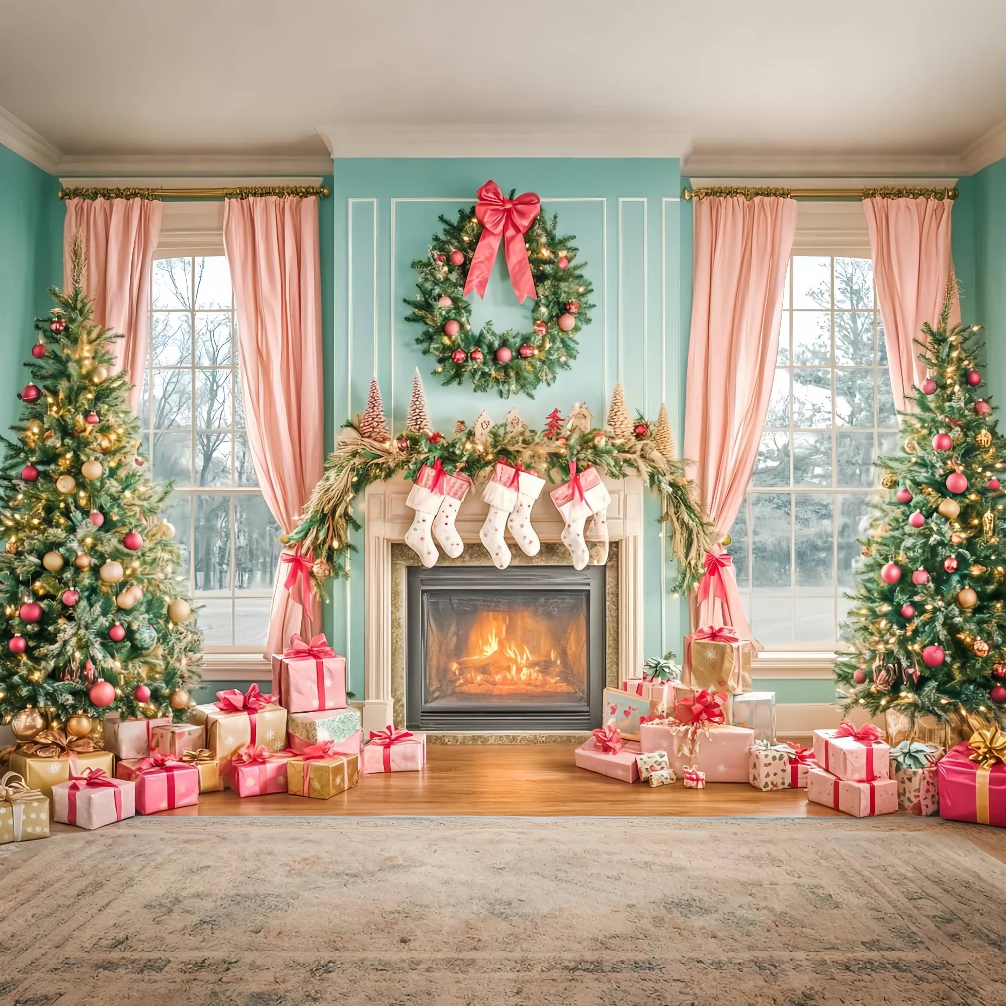 Toile de fond de Noël Cheminée Rose et Matin de Noël LXX58-83