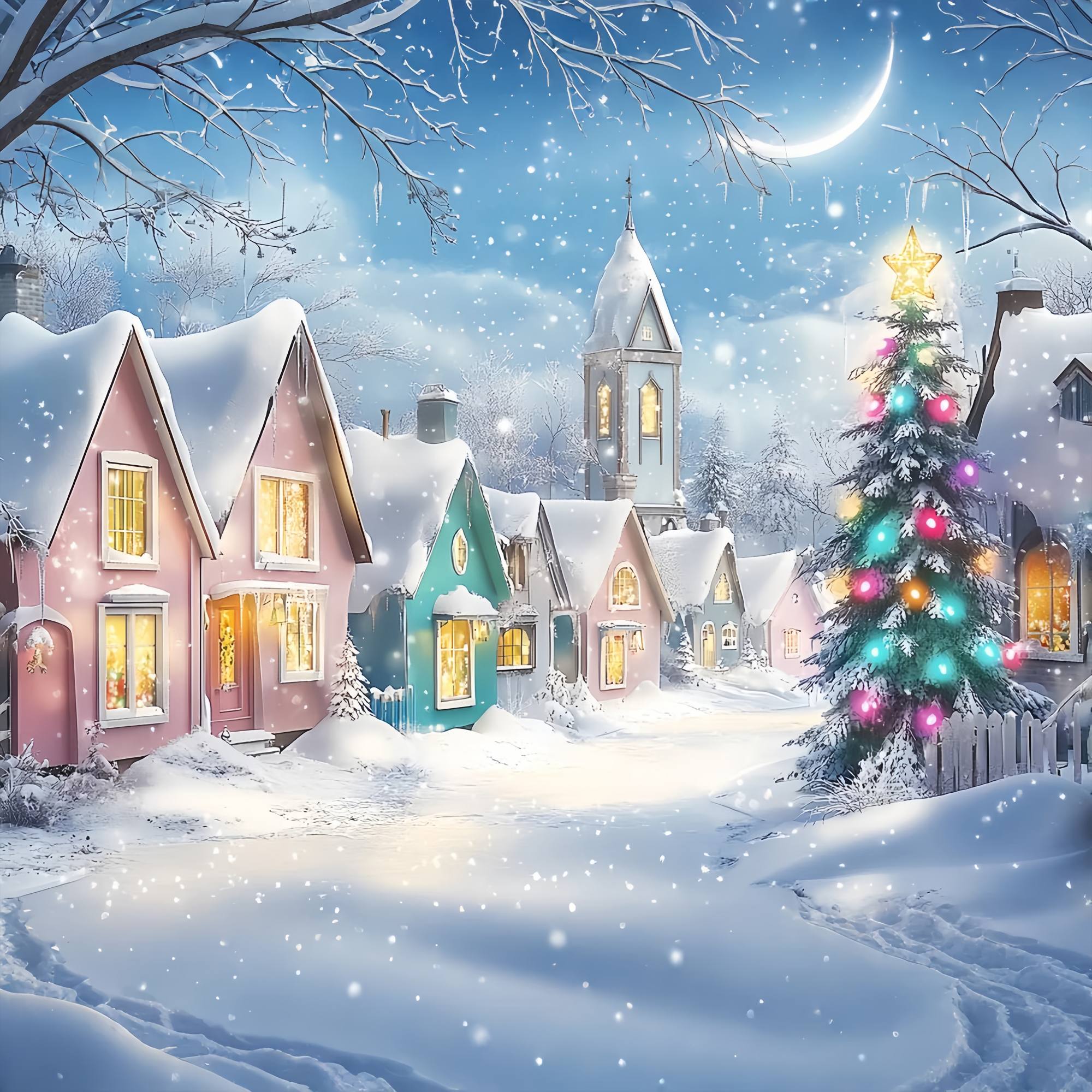Toile de fond de Noël Village Pastel Enneigé LXX58-95