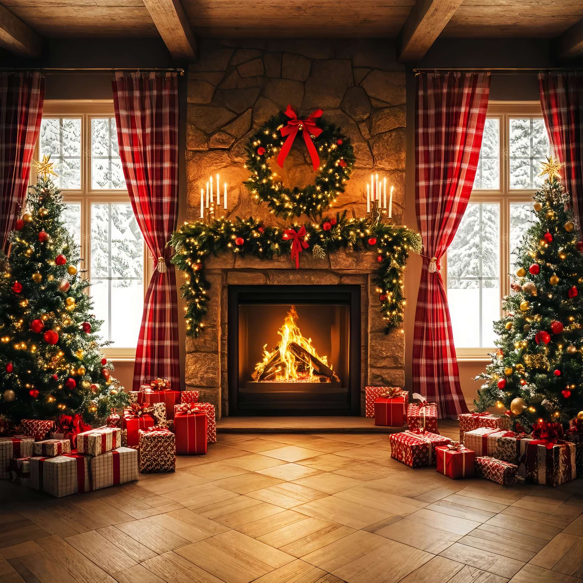 Toile de fond photo Noël Matin Douillet à la Cheminée Tartan LXX58-96
