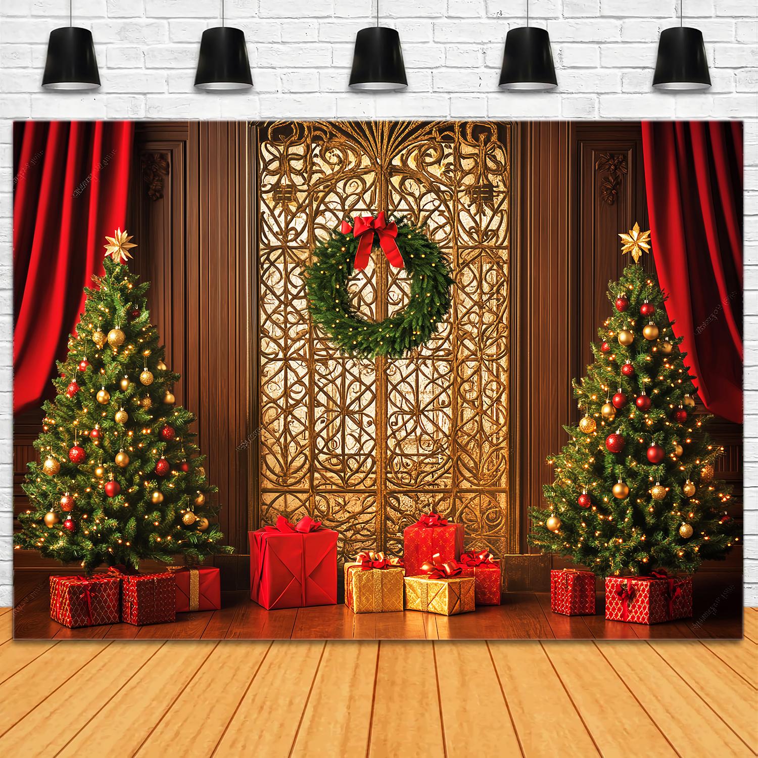Toile de fond Noël Porte Dorée,Couronne et Sapin Cadeau LXX58-99