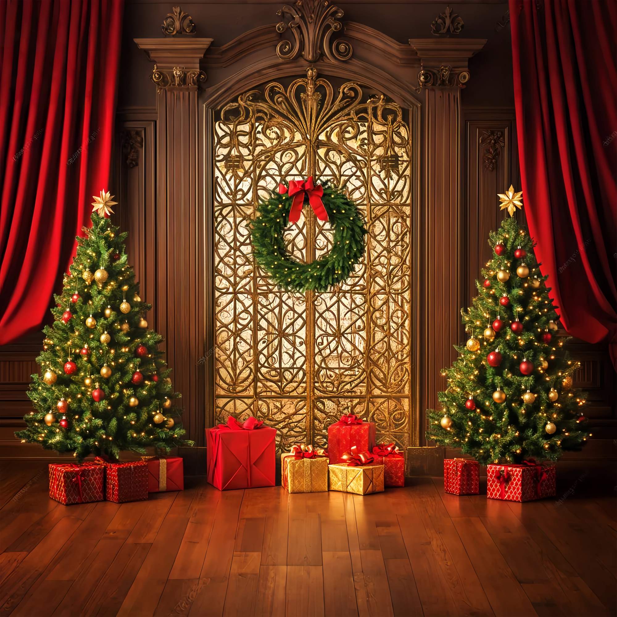 Toile de fond Noël Porte Dorée,Couronne et Sapin Cadeau LXX58-99