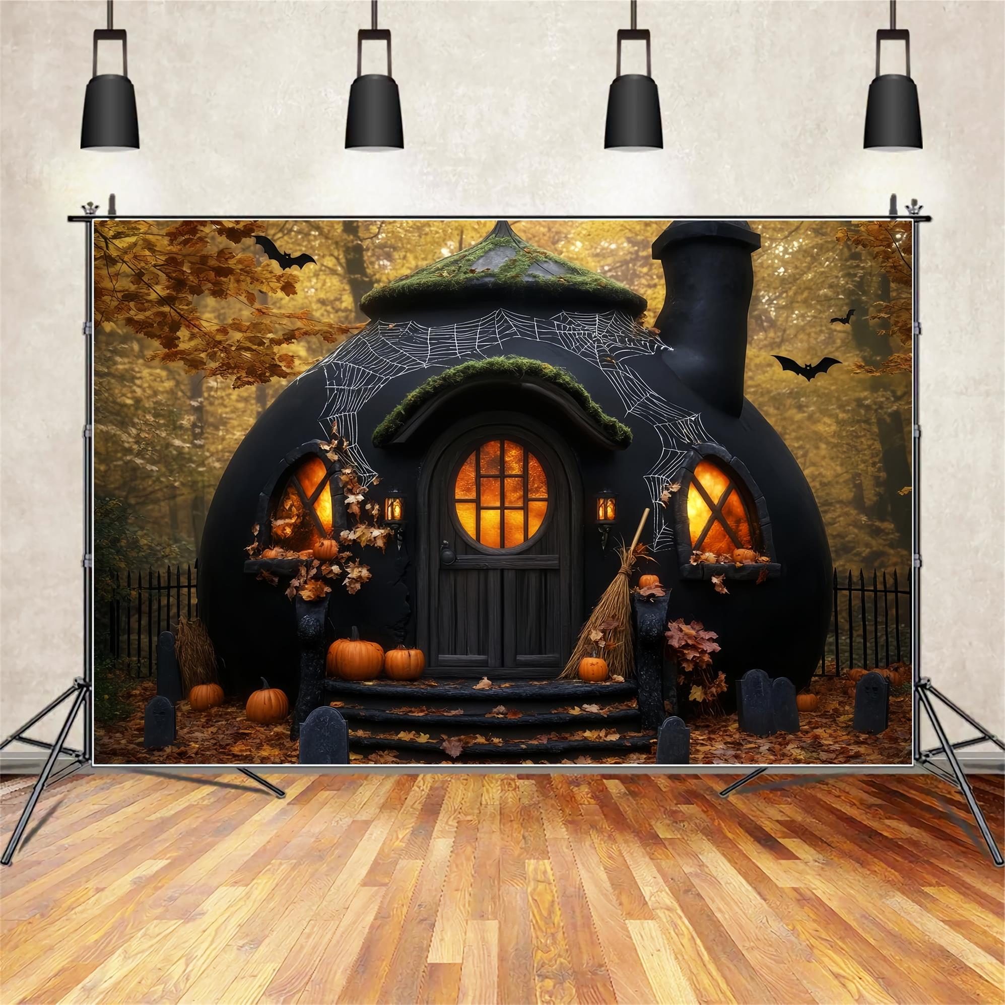 Toile De Fond Photo Halloween Horreur Citrouilles Effrayantes Hutte De Sorcière LXX59-100