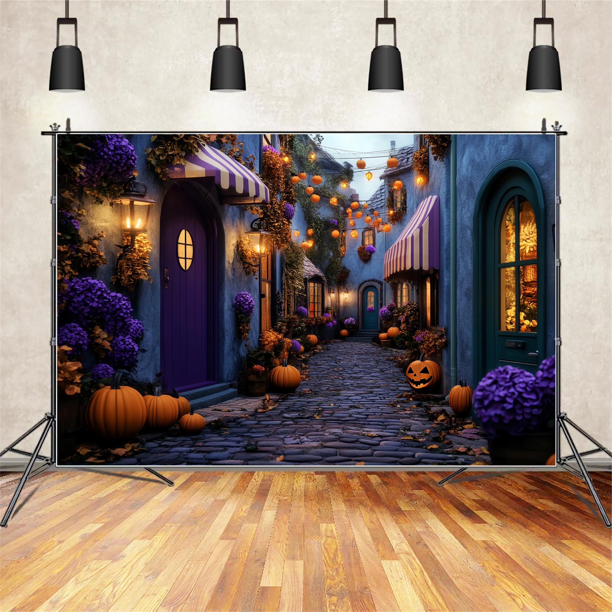 Toile De Fond Photo Halloween Village Hanté Allée Citrouilles LXX59-101