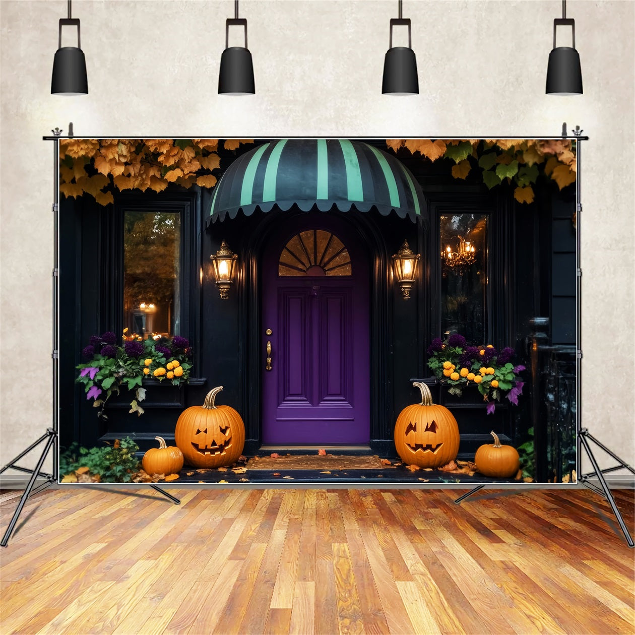 Toile De Fond Photo Halloween Porte Violette Citrouilles Lanternes LXX59-102