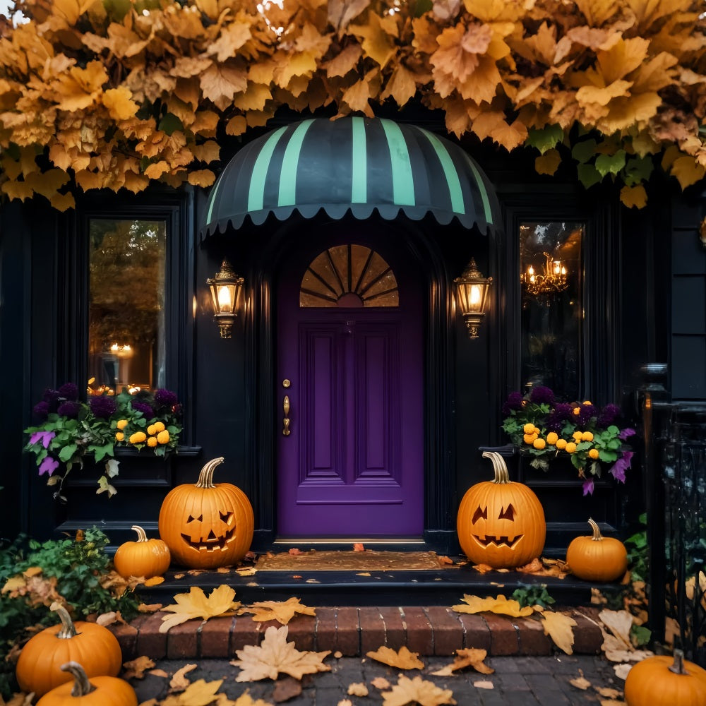 Toile De Fond Photo Halloween Porte Violette Citrouilles Lanternes LXX59-102