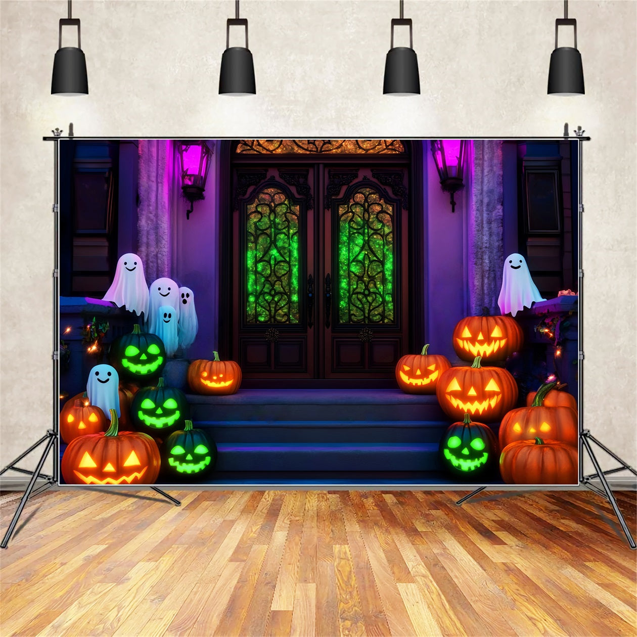 Toile De Fond Halloween Fantôme Néon Fantôme Citrouilles Escalier LXX59-106