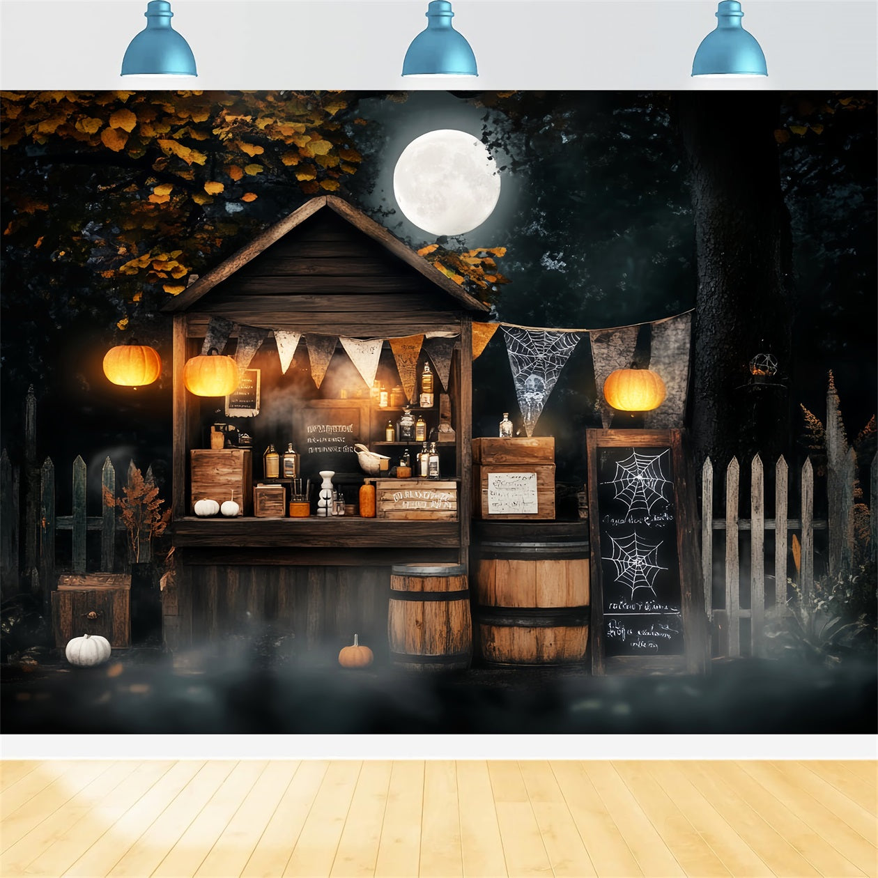 Toile De Fond Halloween Forêt Hantée Stand De Potion Clair De Lune Citrouilles LXX59-111