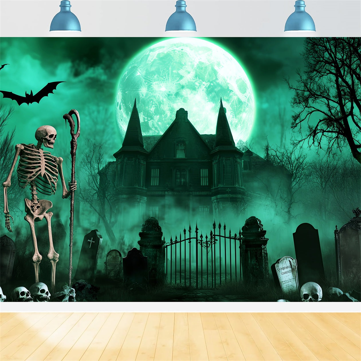 Toile De Fond Halloween Cimetière Squelettes Lune Verte Effrayant LXX59-113