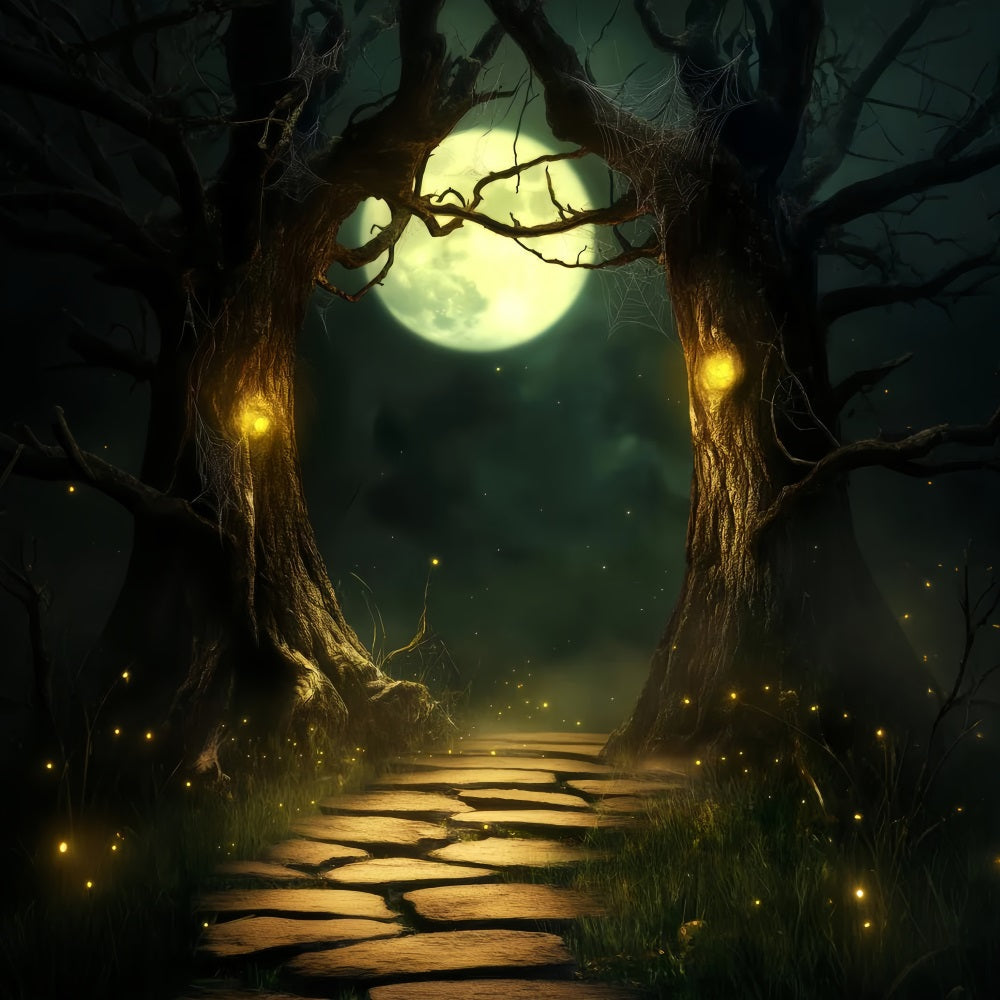 Toile De Fond Photo Halloween Forêt Hantée Chemin Clair De Lune Arbres Enchantés LXX59-118