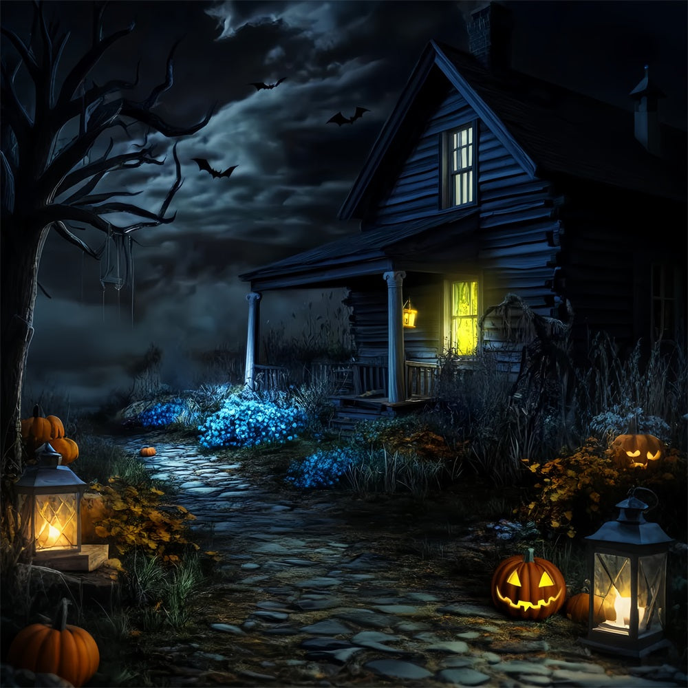 Toile De Fond Photo Halloween Forêt Hantée Cabane Lugubre Chemin Citrouilles LXX59-122