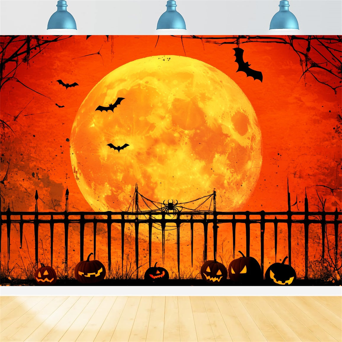 Toile De Fond Halloween Forêt Hantée Clôture Citrouille Lune LXX59-128