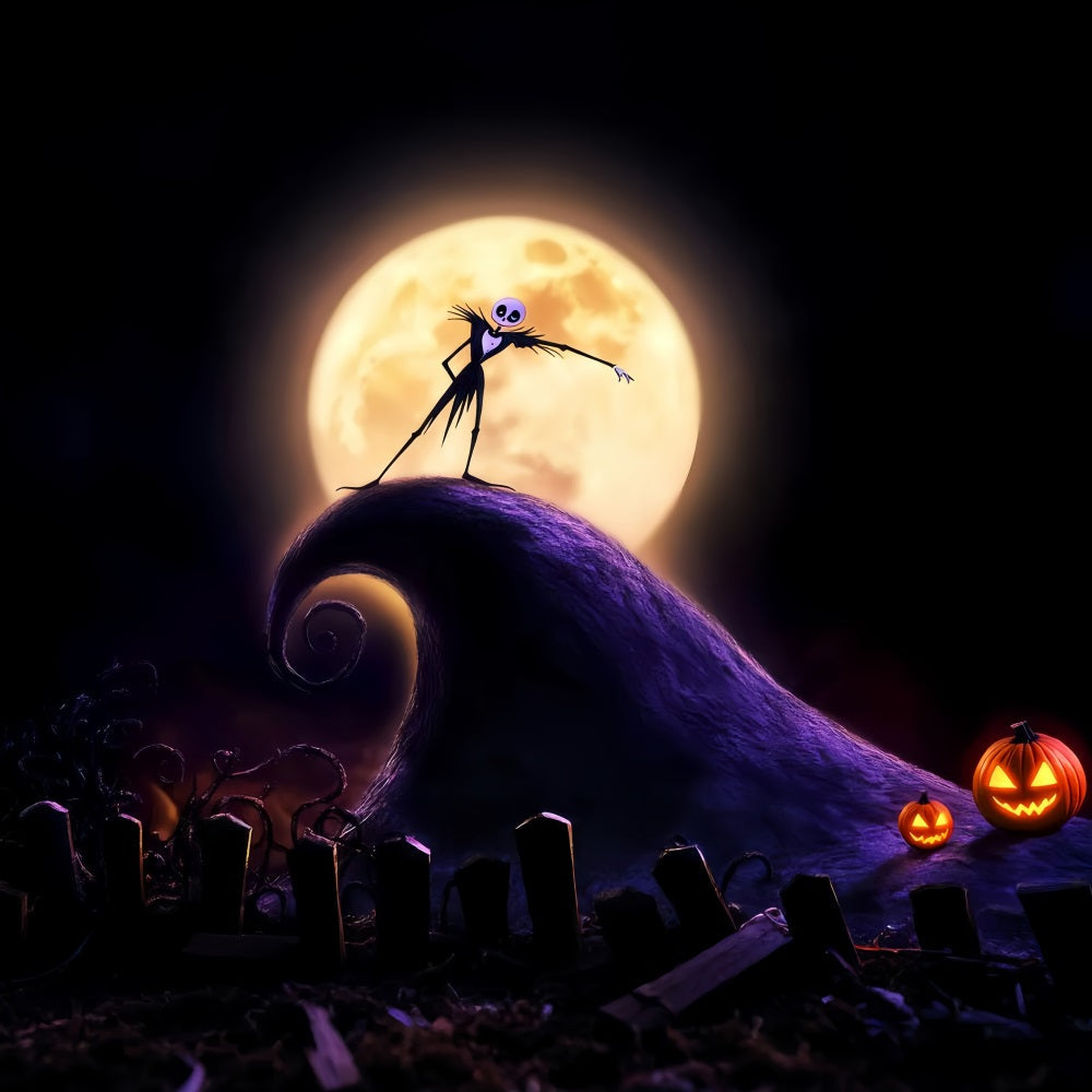Toile De Fond Halloween Cimetière Roi Squelette Colline Pleine Lune LXX59-129