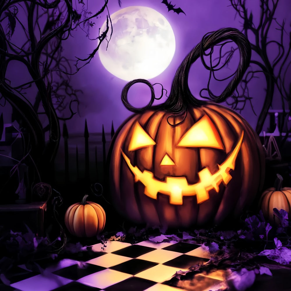Toile De Fond Halloween Forêt Hantée Citrouille Géante Sourire Lune LXX59-130