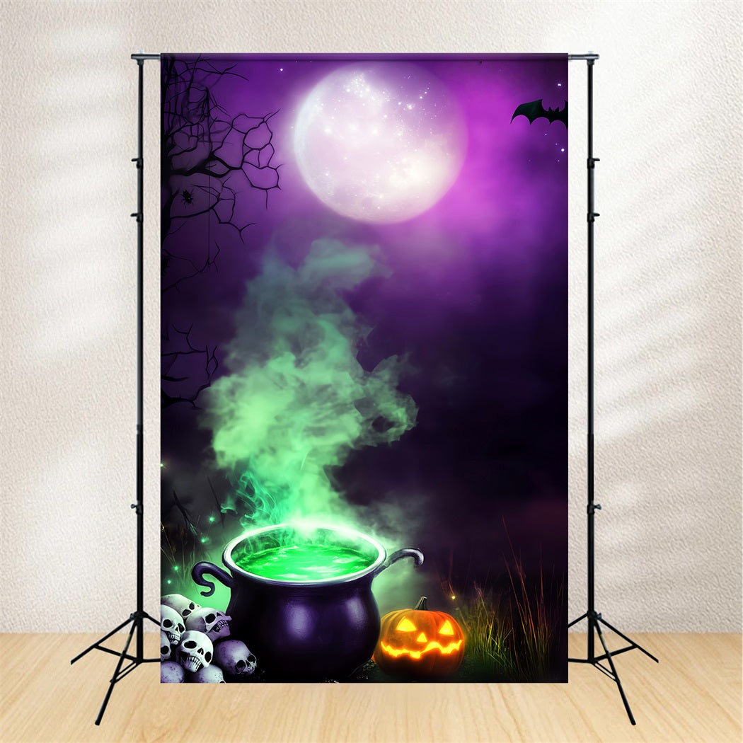 Toile De Fond Halloween Forêt Hantée Sorcière Chaudron Fumée Verte Lune LXX59-132