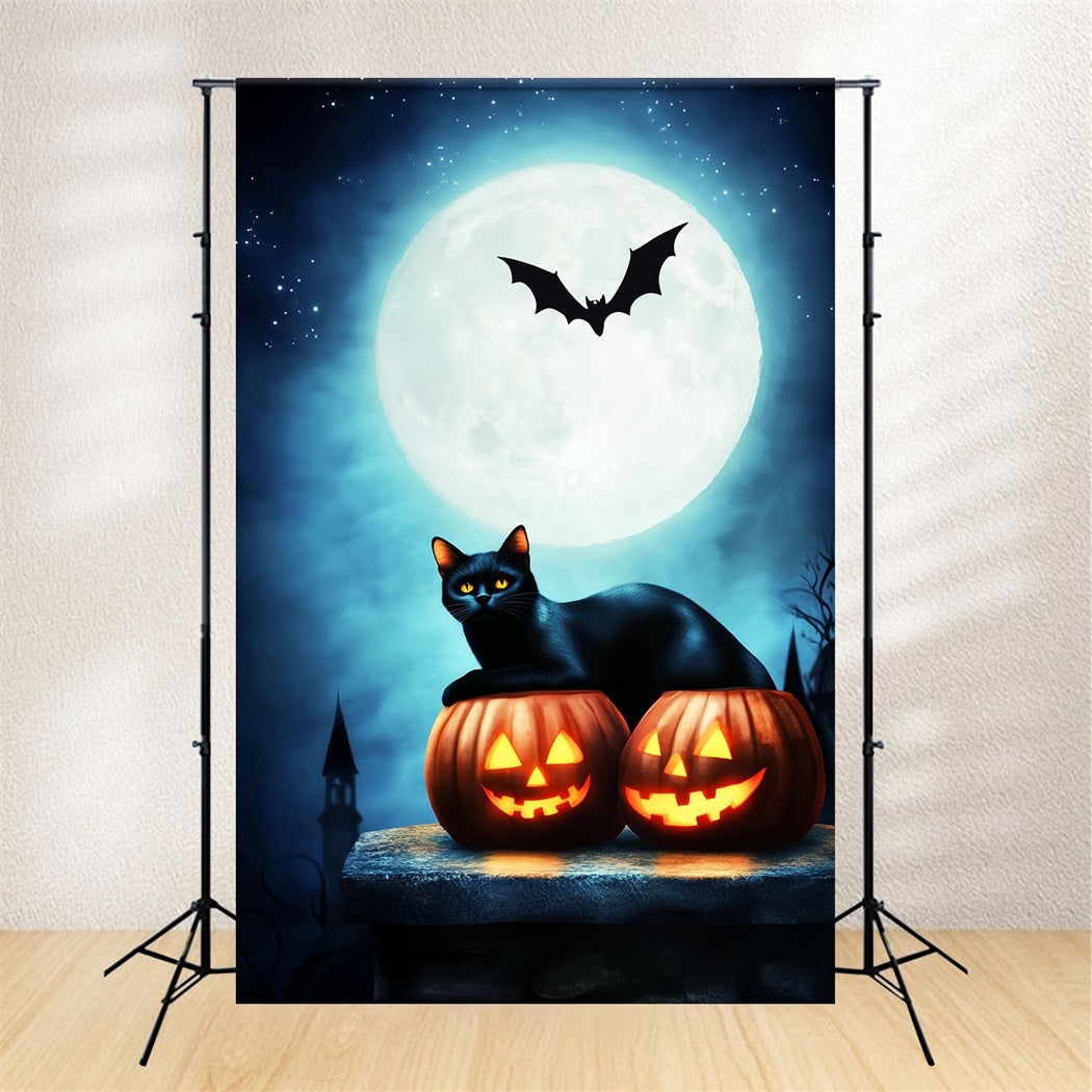 Toile De Fond Halloween Forêt Hantée Chat Noir Citrouilles Pleine Lune LXX59-134