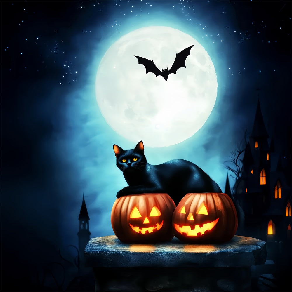 Toile De Fond Halloween Forêt Hantée Chat Noir Citrouilles Pleine Lune LXX59-134