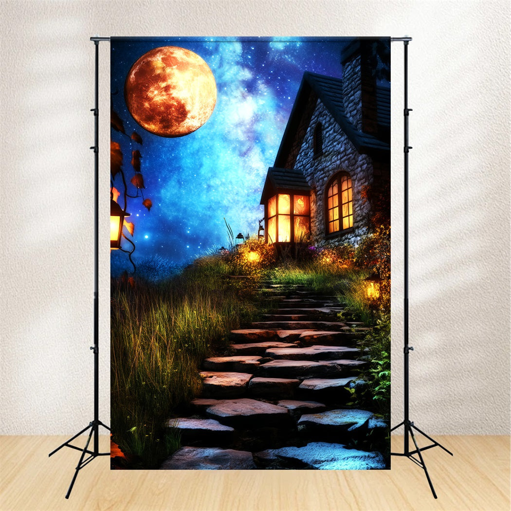 Toile De Fond Halloween Forêt Hantée Allée Lanternes Cottage Enchanté LXX59-135