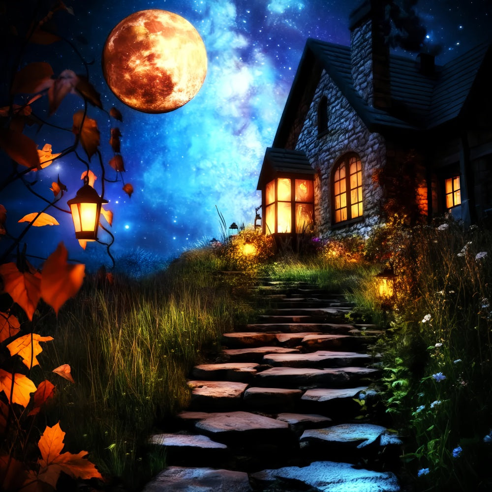 Toile De Fond Halloween Forêt Hantée Allée Lanternes Cottage Enchanté LXX59-135