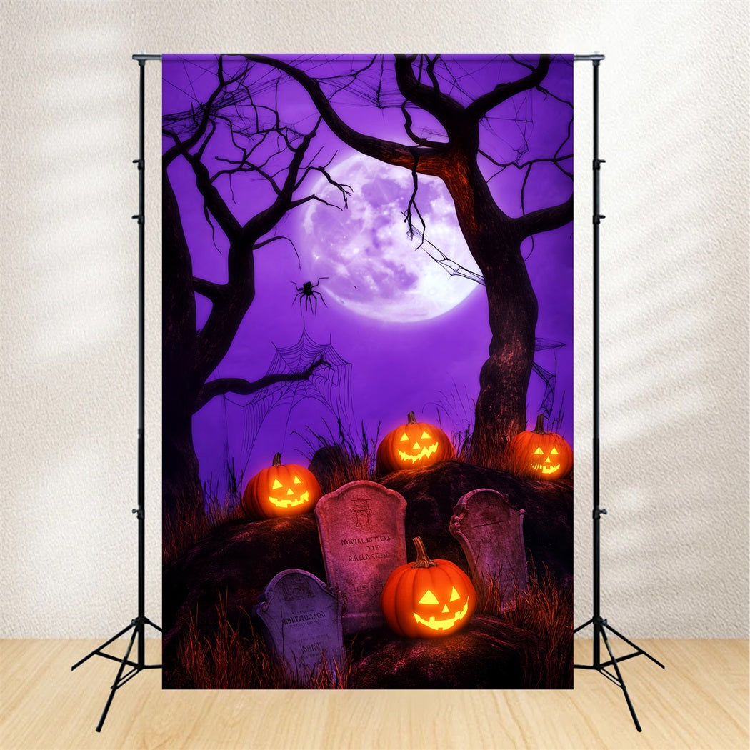 Toile De Fond Halloween Forêt Hantée Citrouilles Lanternes Cimetière Lune LXX59-140