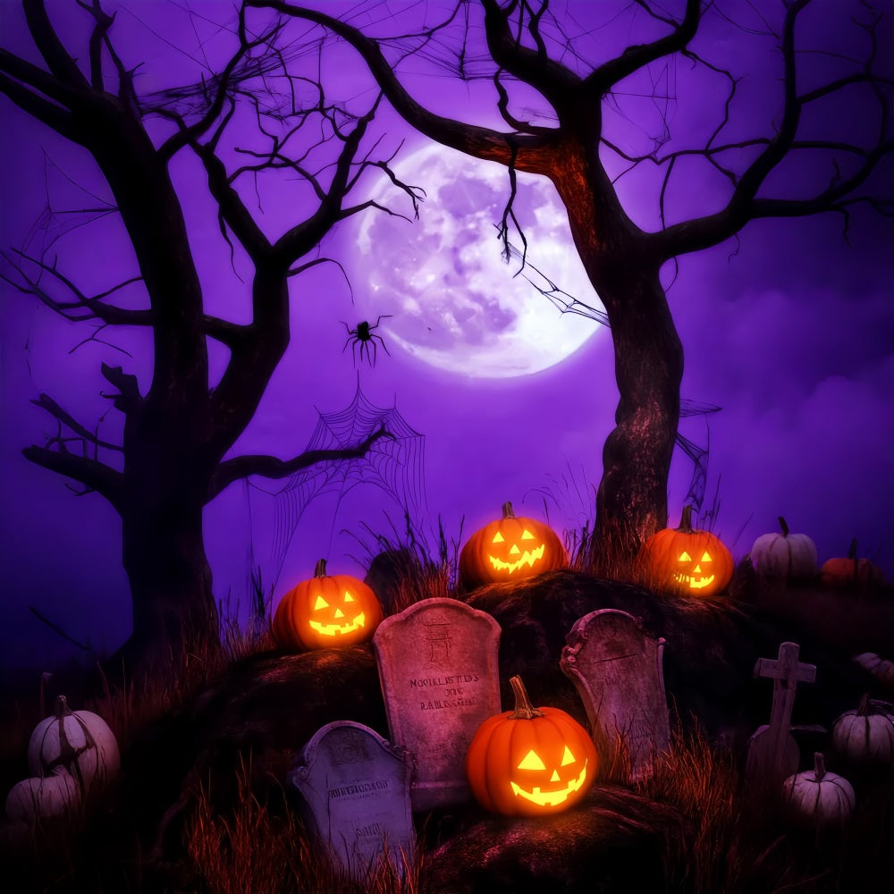 Toile De Fond Halloween Forêt Hantée Citrouilles Lanternes Cimetière Lune LXX59-140