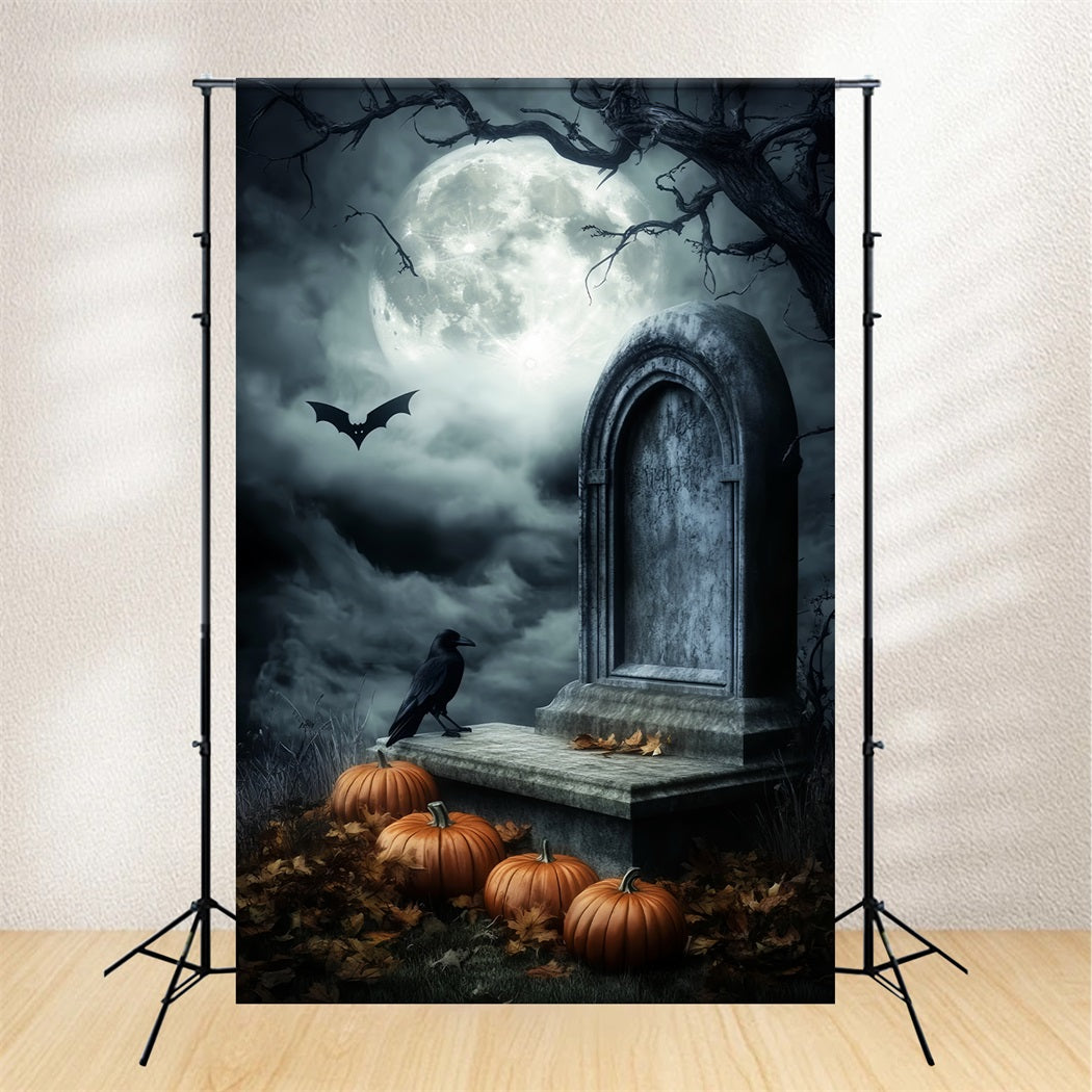 Toile De Fond Halloween Cimetière Tombe Lune Citrouilles Corbeau LXX59-156