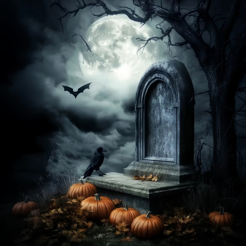 Toile De Fond Halloween Cimetière Tombe Lune Citrouilles Corbeau LXX59-156