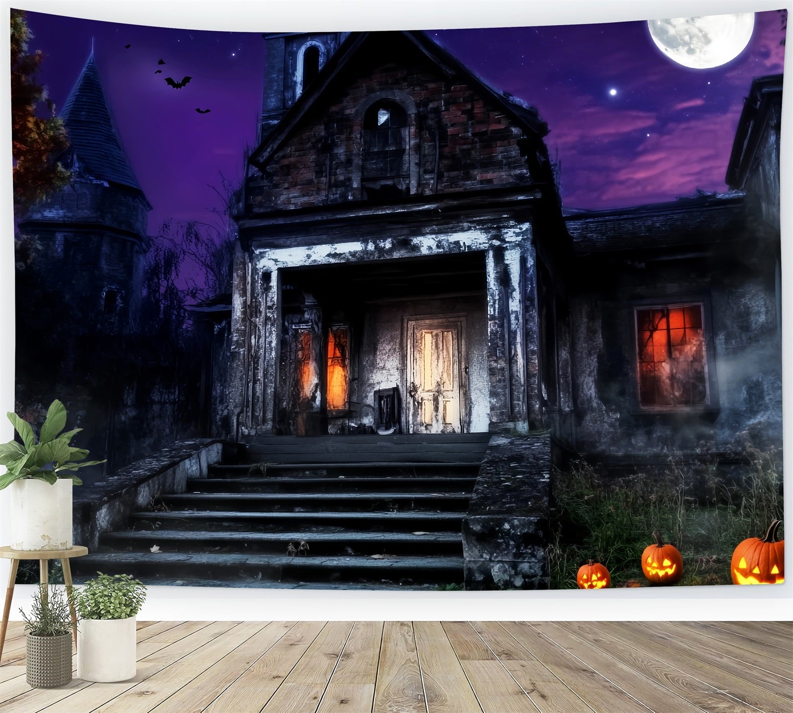 Toile De Fond Photo Halloween Cimetière Manoir Hanté Ciel Violet LXX59-157