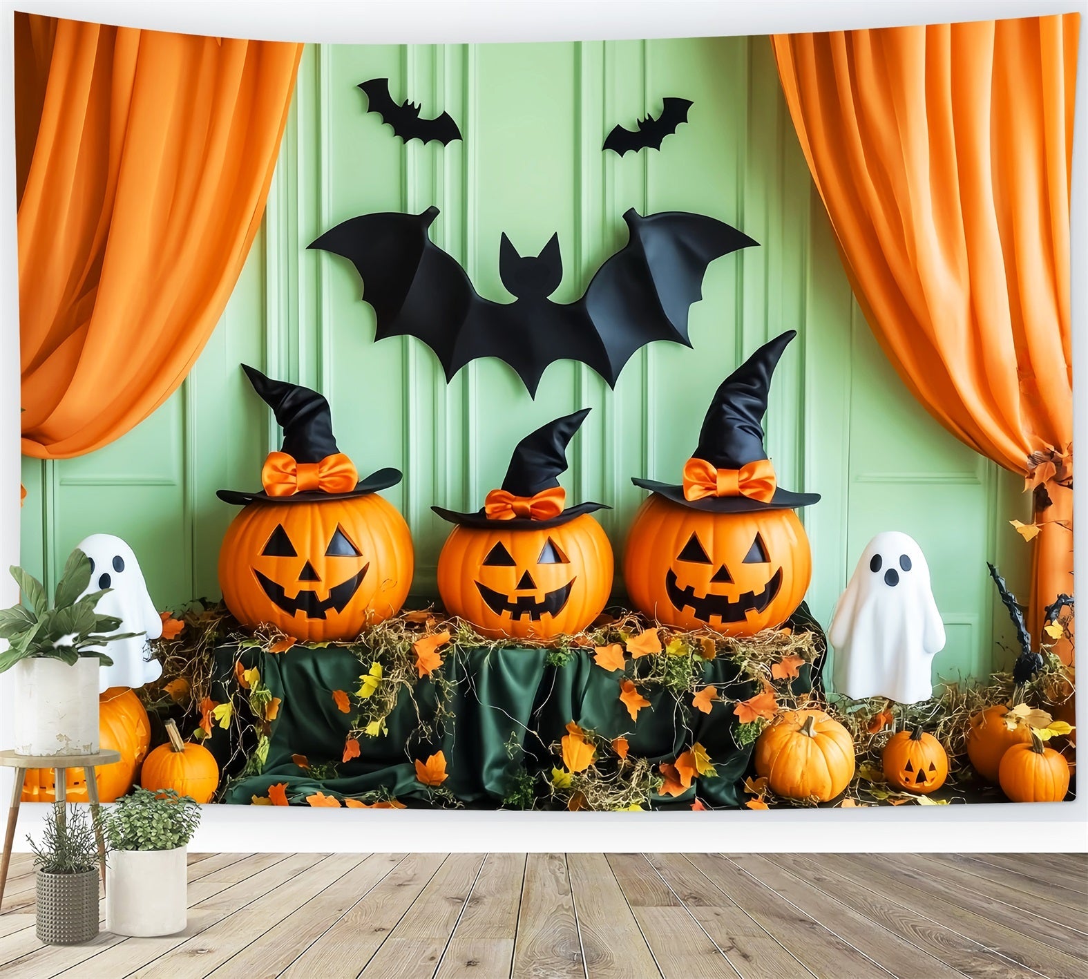 Toile De Fond Halloween Cimetière Citrouilles Fantôme Sorcière Chauves-Souris LXX59-158
