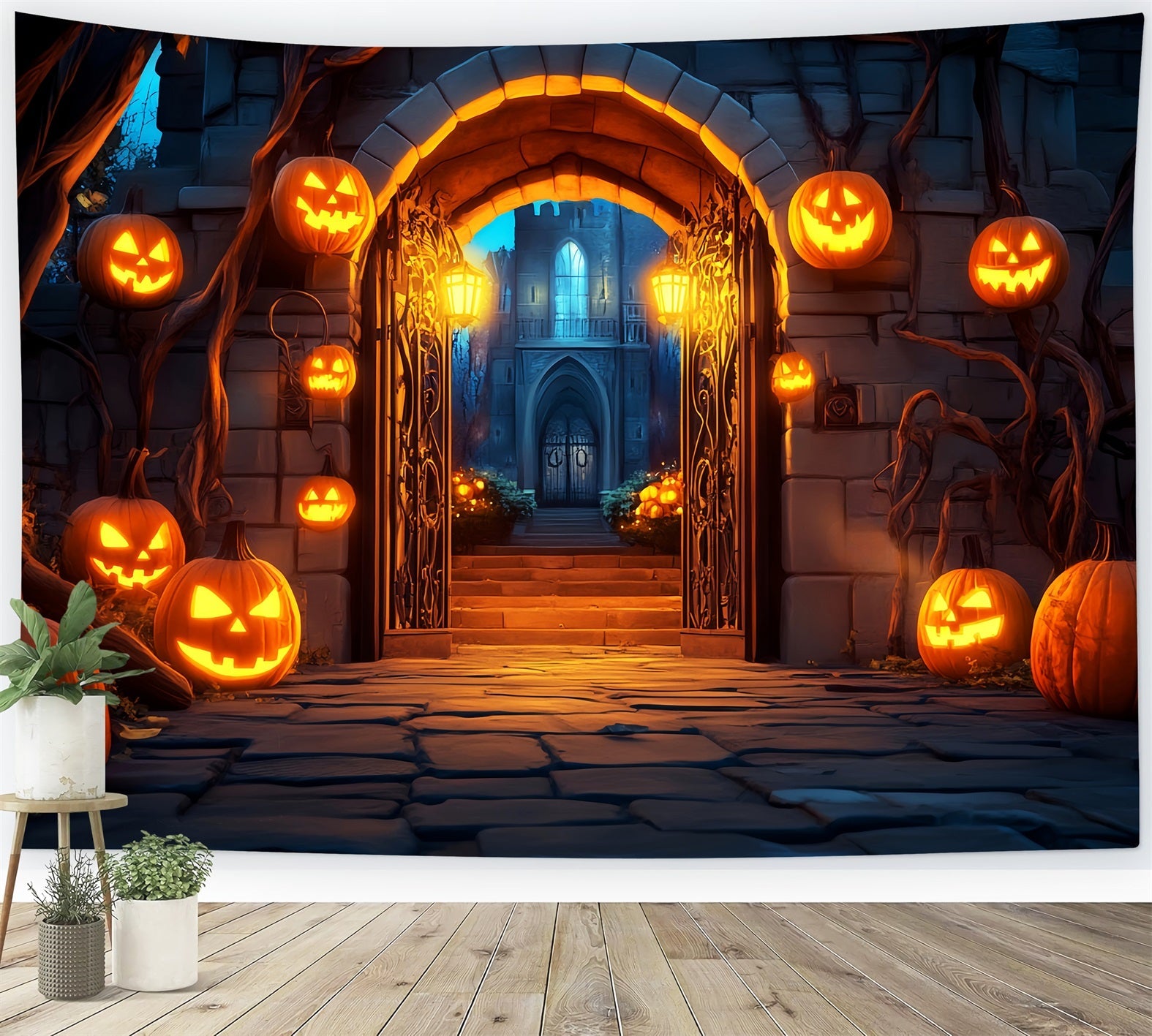 Toile De Fond Photo Halloween Cimetière Citrouilles Portail Entrée LXX59-159