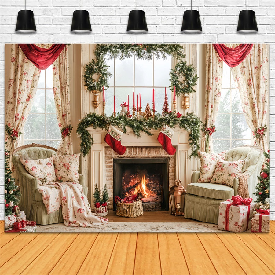 Toile de fond photo Noël Pays des Bonbons Bas de Noël Manteau de Cheminée Vintage LXX59-164