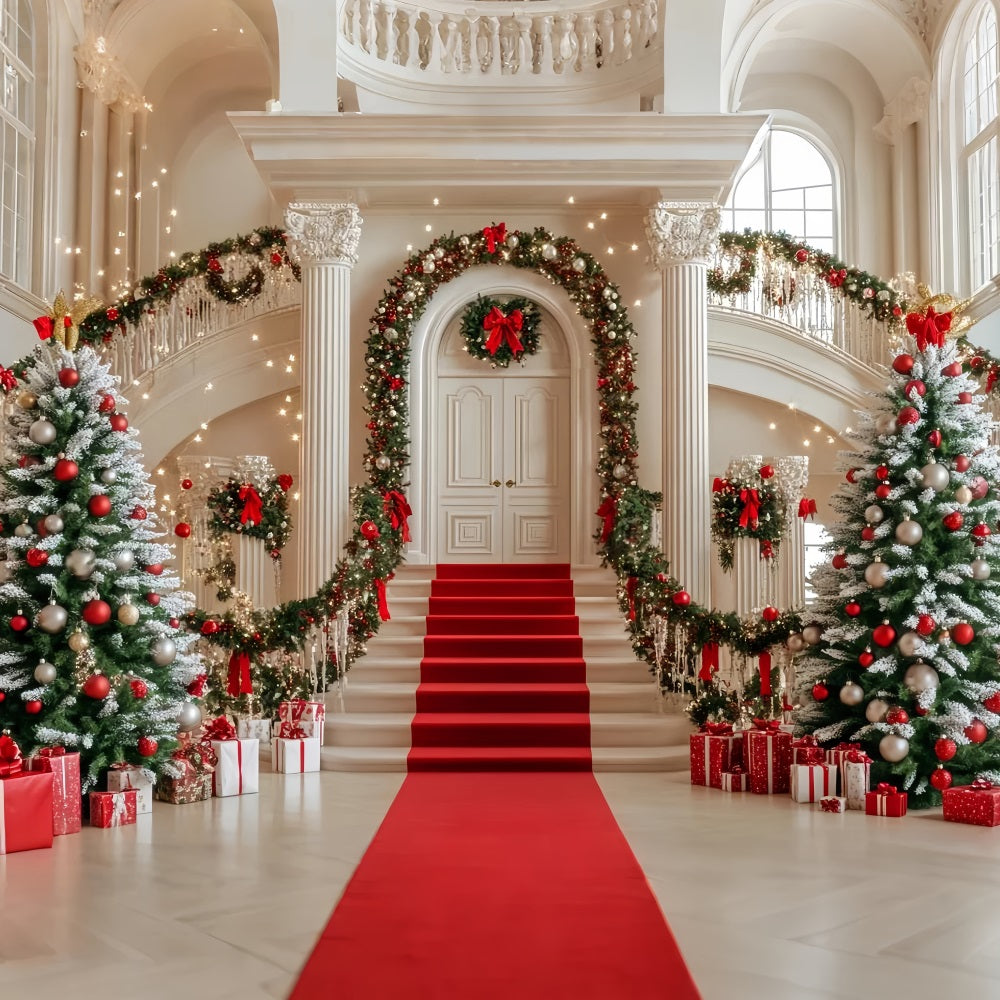 Toile de fond photo Noël Sapin Escalier Guirlande Boules Rouges LXX59-172