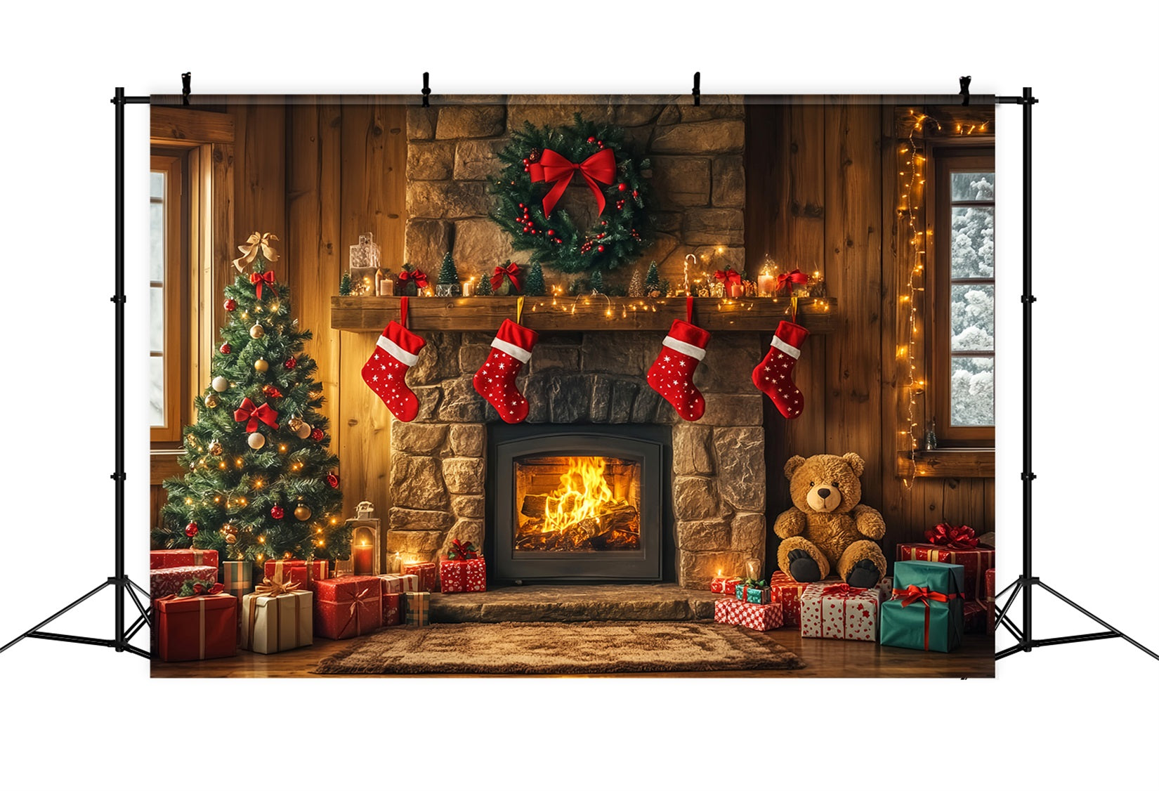 Toile de fond photo Noël Cheminée Bas Guirlande LXX59-173