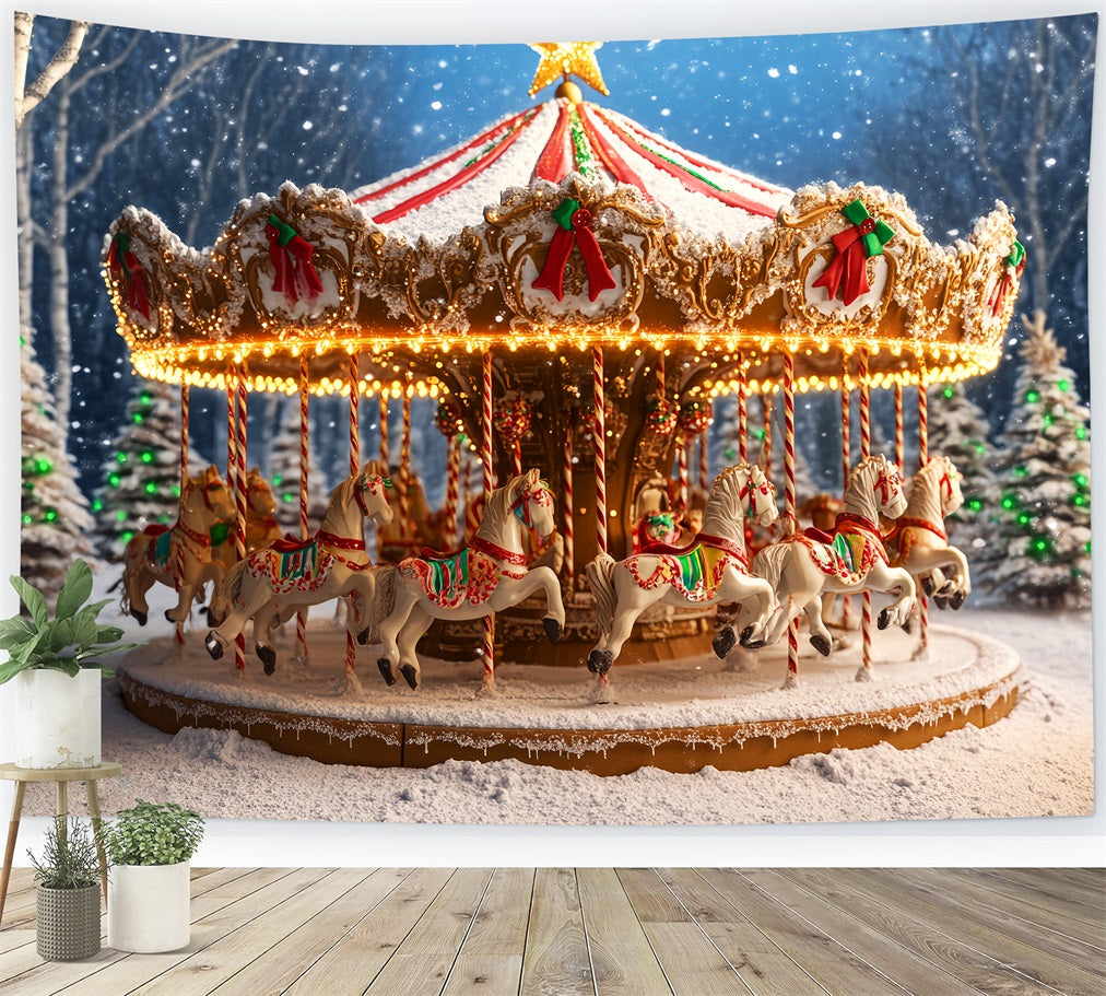 Toile de fond Noël Pain d’Épices Carrousel Enneigé Chevaux LXX59-177