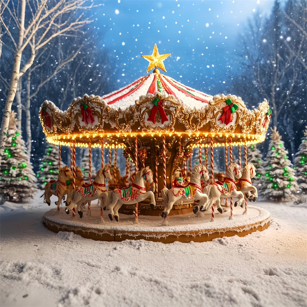 Toile de fond Noël Pain d’Épices Carrousel Enneigé Chevaux LXX59-177