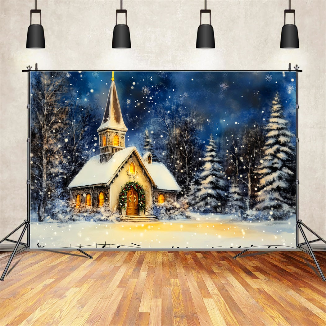 Toile de fond photo Noël Église Nuit Hivernale Enneigée LXX59-184