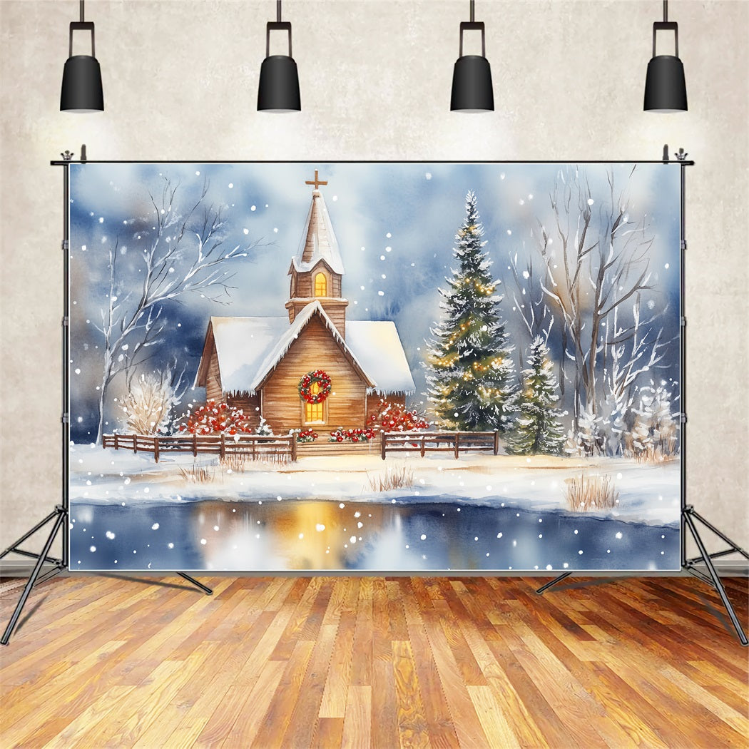 Toile de fond Noël Église Chapelle Enneigée Reflet au Bord du Lac LXX59-185