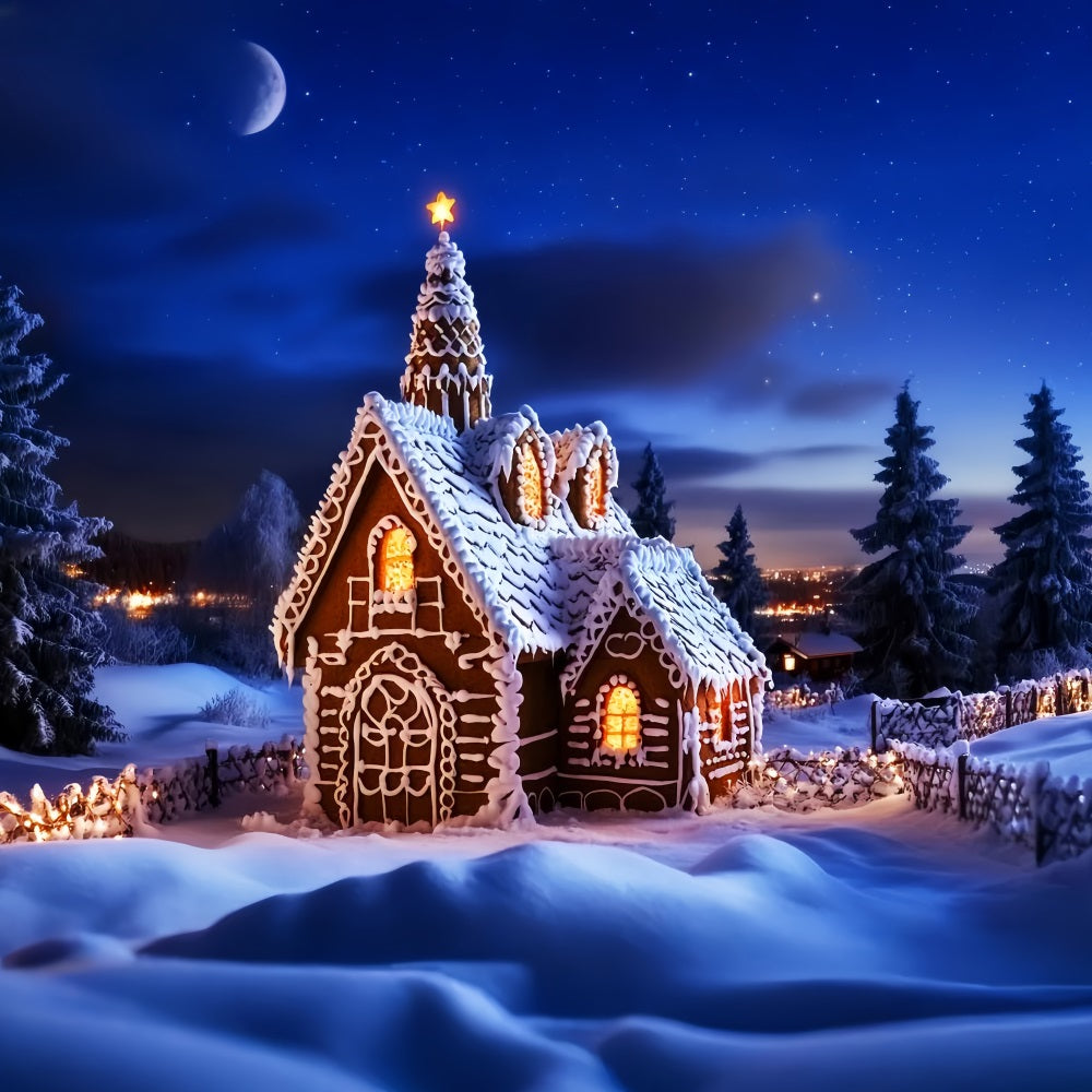 Toile de fond Noël Église Maison Pain d’Épices Nuit Étoilée LXX59-186