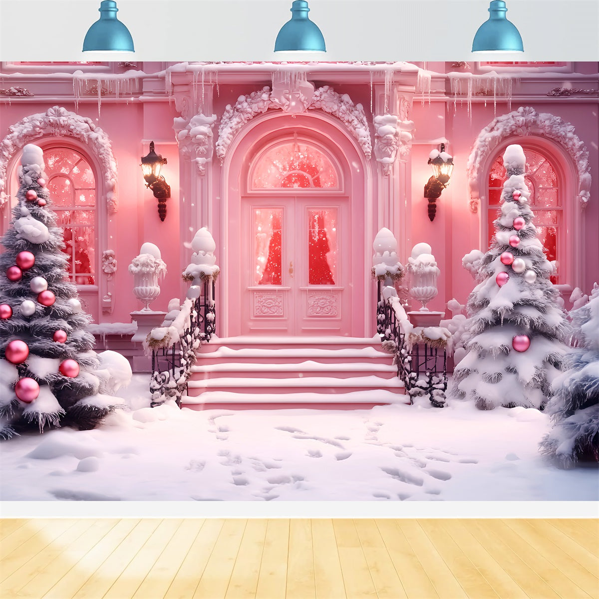 Toile de fond Noël Magasin de Jouets Entrée Enneigée Boutique Rose LXX59-190