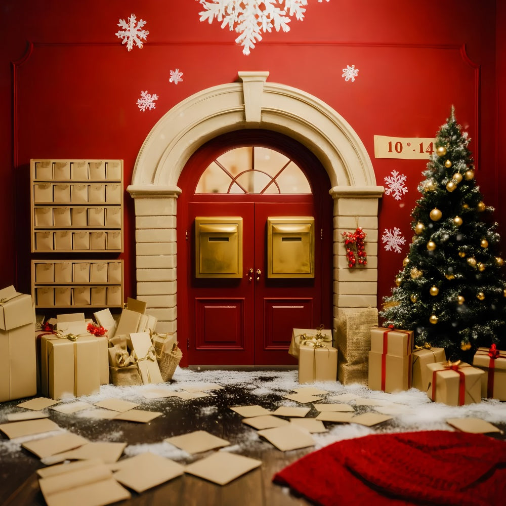 Toile de fond photo Noël Père Noël Boîte aux Lettres Dorée Porte Festive LXX59-196