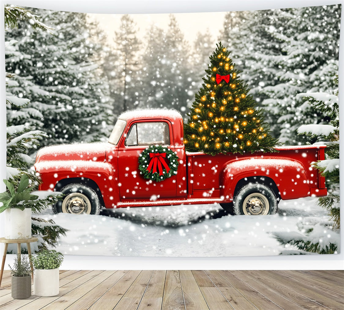 Toile de fond Noël Ferme Arbre Camion Rouge Sapin Enneigé LXX59-199