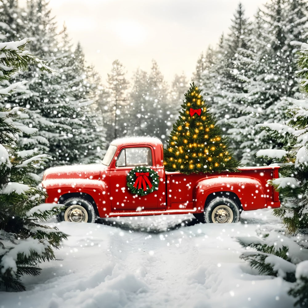 Toile de fond Noël Ferme Arbre Camion Rouge Sapin Enneigé LXX59-199