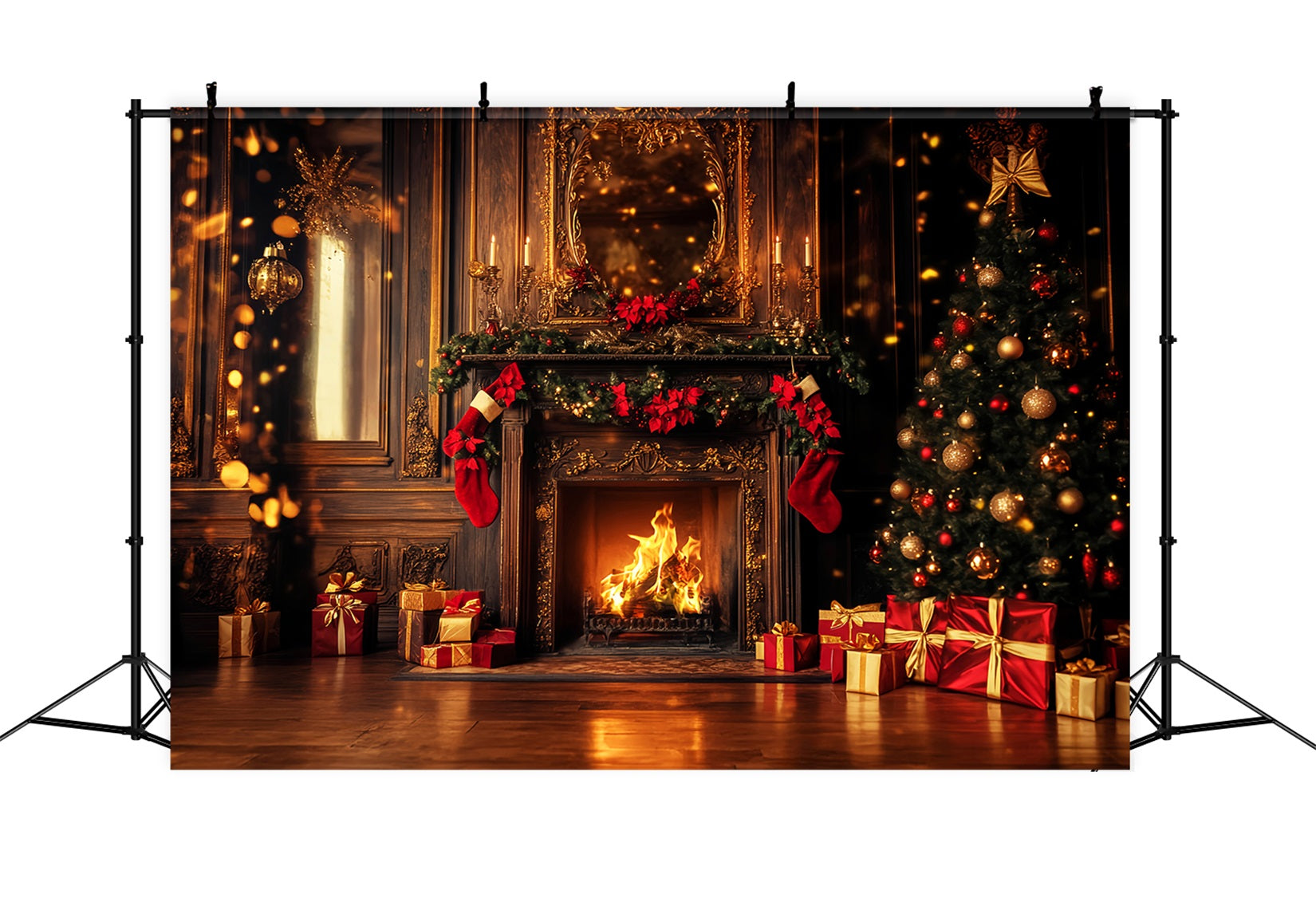 Toile de fond Noël Rouge Cheminée Dorée Bas Lueur LXX59-202