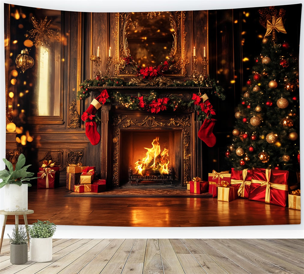 Toile de fond Noël Rouge Cheminée Dorée Bas Lueur LXX59-202