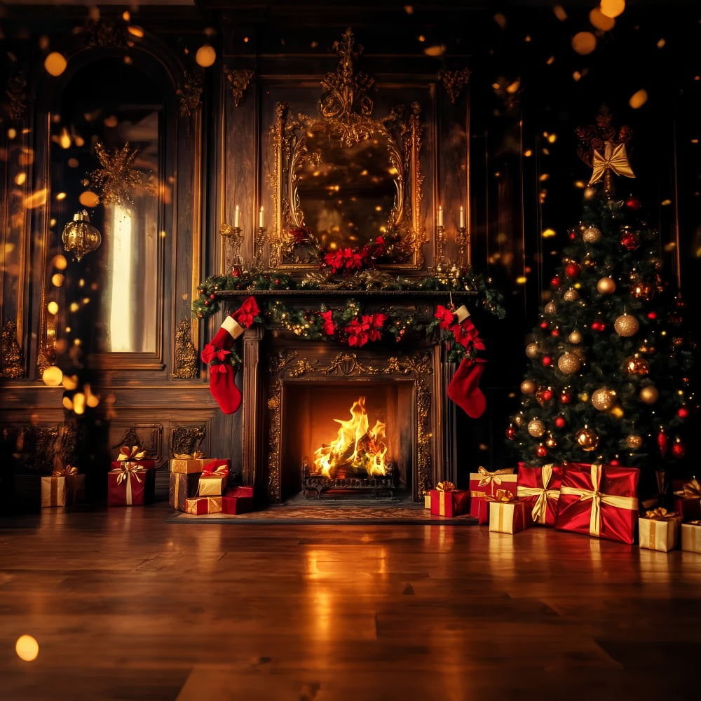 Toile de fond Noël Rouge Cheminée Dorée Bas Lueur LXX59-202
