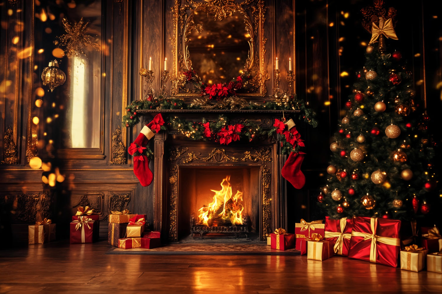 Toile de fond Noël Rouge Cheminée Dorée Bas Lueur LXX59-202