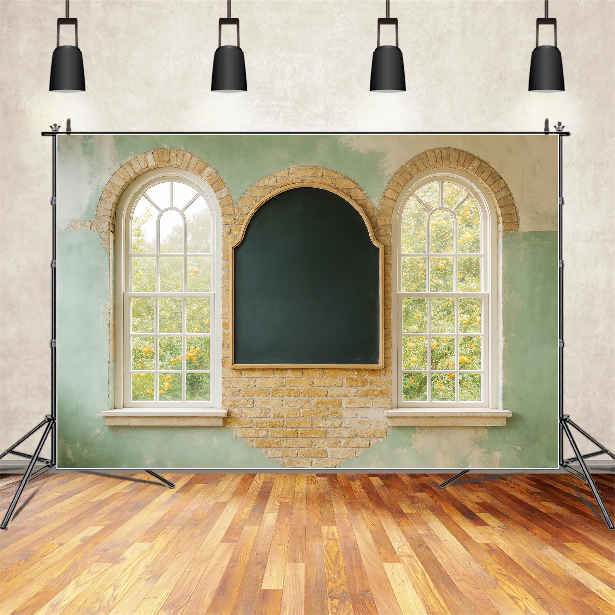 Toile de fond Retour à l'école Tableau Noir Fenêtre en Arc Salle de Classe LXX59-229